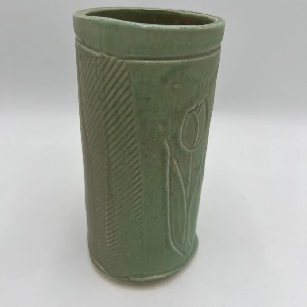 Tulip green studio pottery Asian inspired stamp signed spring vase